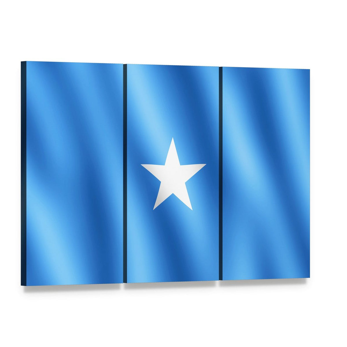 Somalia Flag with White Star Canvas Wall Art, 3 panel 3 Horizontal layout gallery wrapped canvas set, angled product view