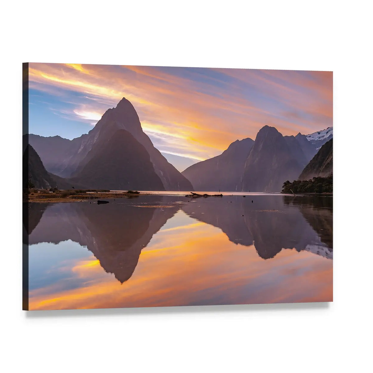 Golden Hour Mountain Lake Reflection Canvas Wall Art, single panel gallery wrapped canvas, angled product view