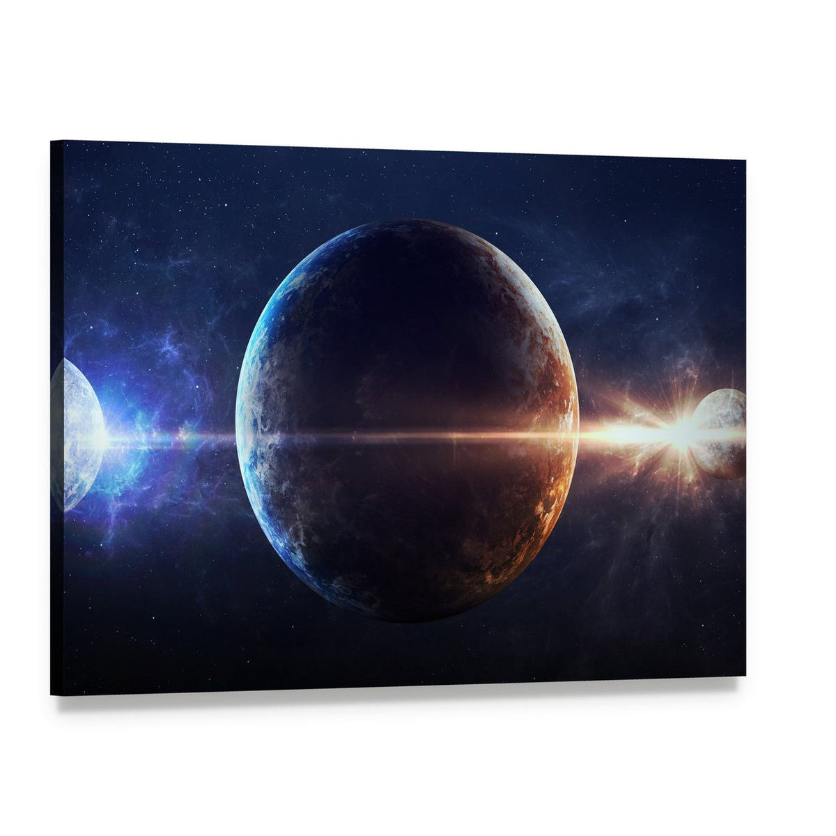 Glowing Planet with Nebula Canvas Wall Art, single panel gallery wrapped canvas, angled product view