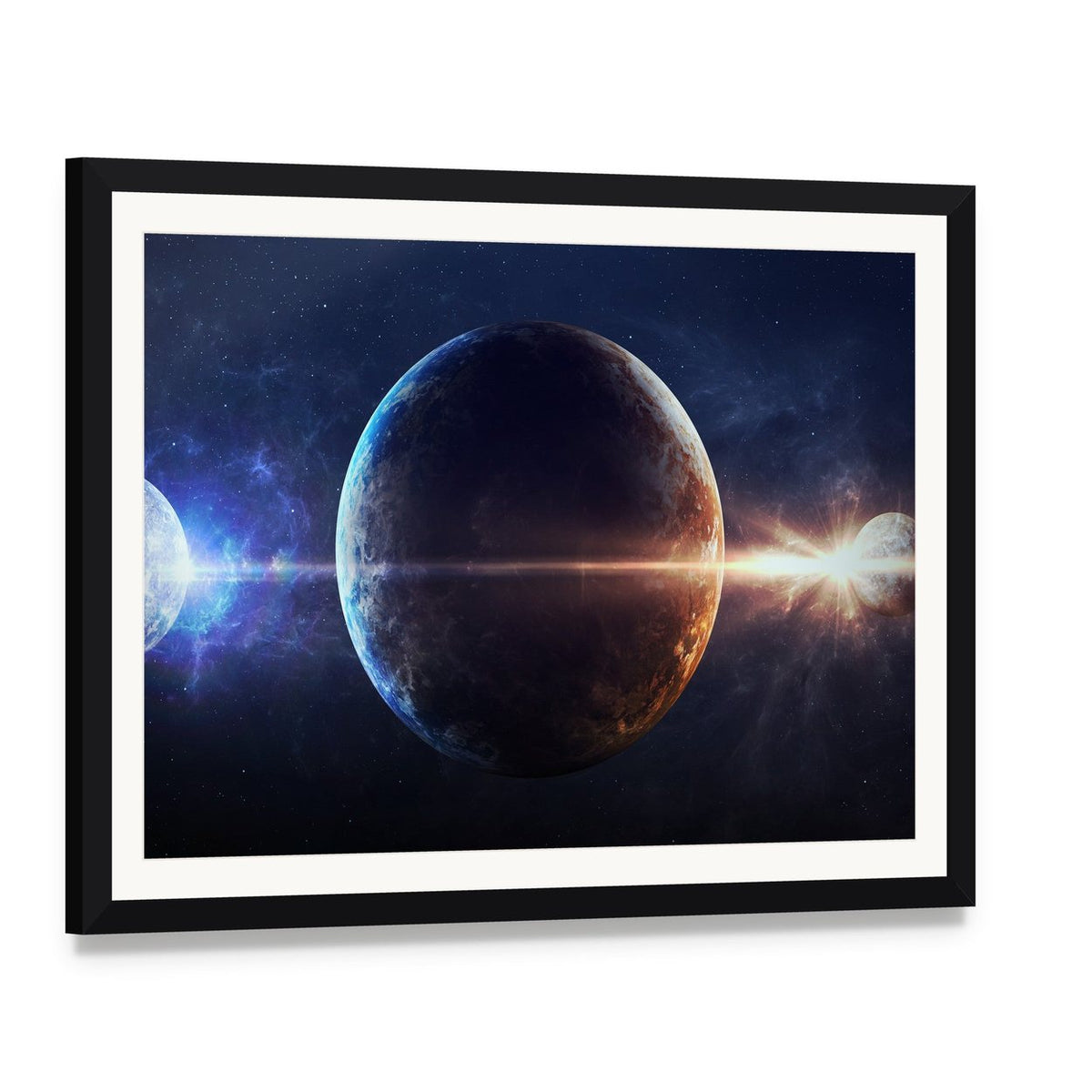 Glowing Planet with Nebula Canvas Wall Art, framed print with white mat and black frame, angled product view