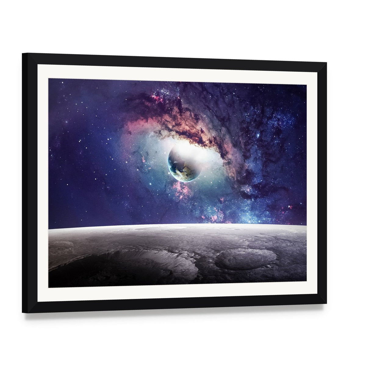 Cratered Planet and Swirling Nebula Canvas Wall Art, framed print with white mat and black frame, angled product view