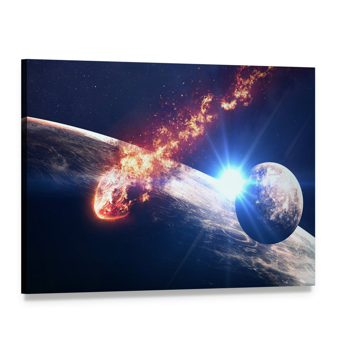 Asteroid Impact Over Blue Planet Canvas Wall Art, single panel gallery wrapped canvas, angled product view