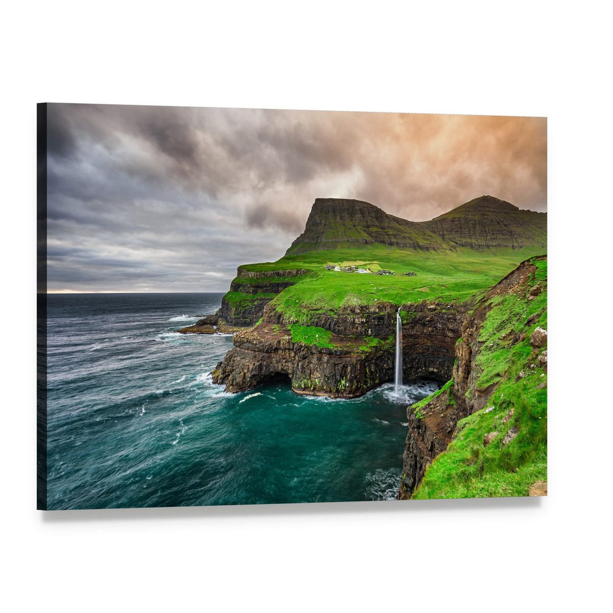Mulafossur Waterfall and Coastal Village Canvas Wall Art, single panel gallery wrapped canvas, angled product view