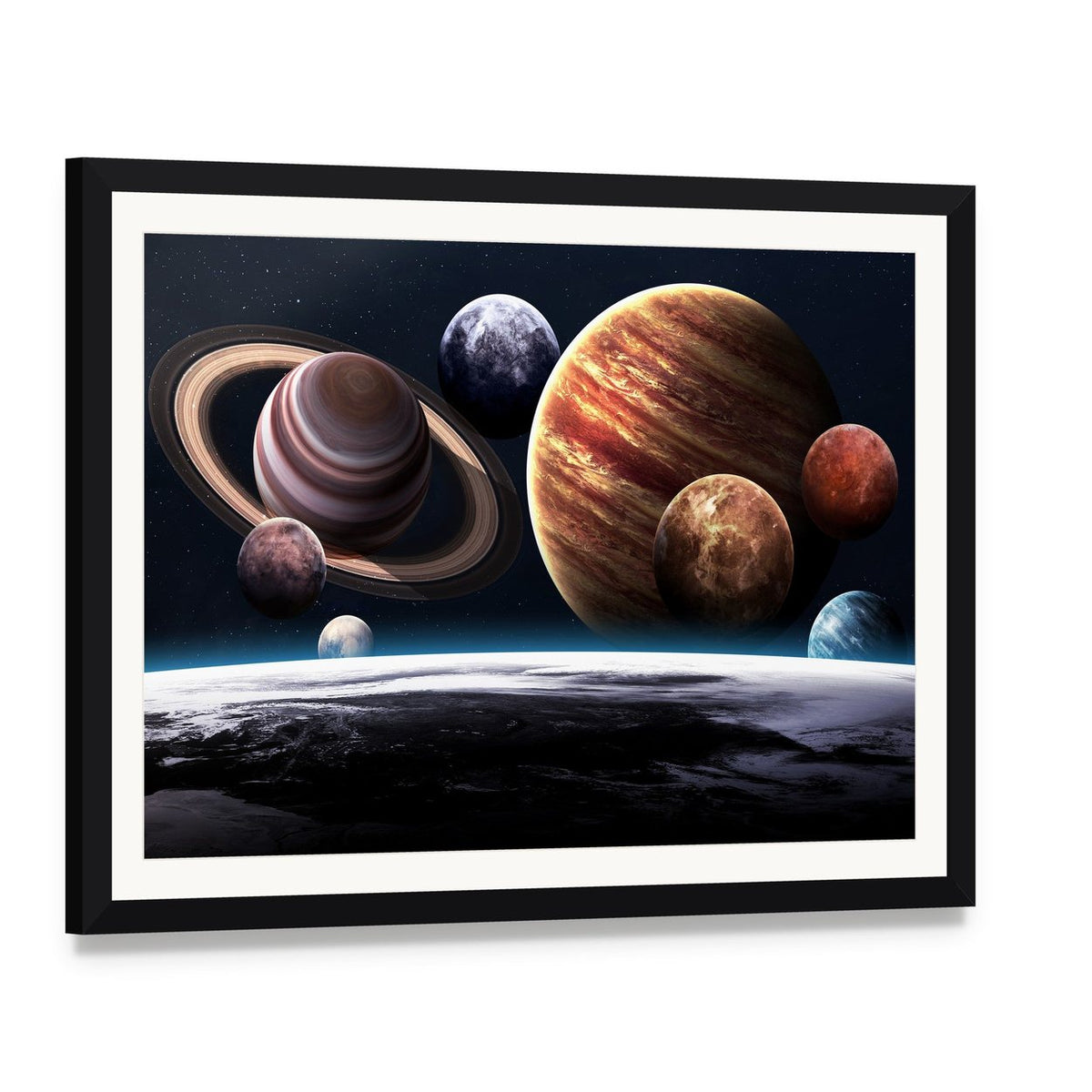 Planets of the Solar System Canvas Wall Art, framed print with white mat and black frame, angled product view