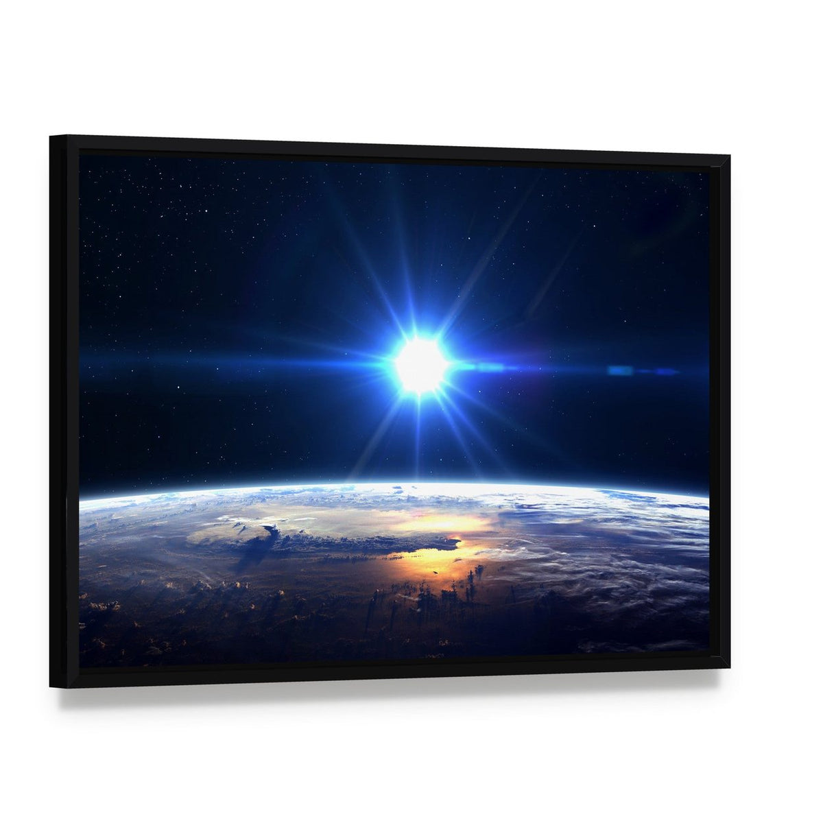 Blue Sun Light Over Planet Earth Canvas Wall Art, framed canvas in a black floater frame, angled product view