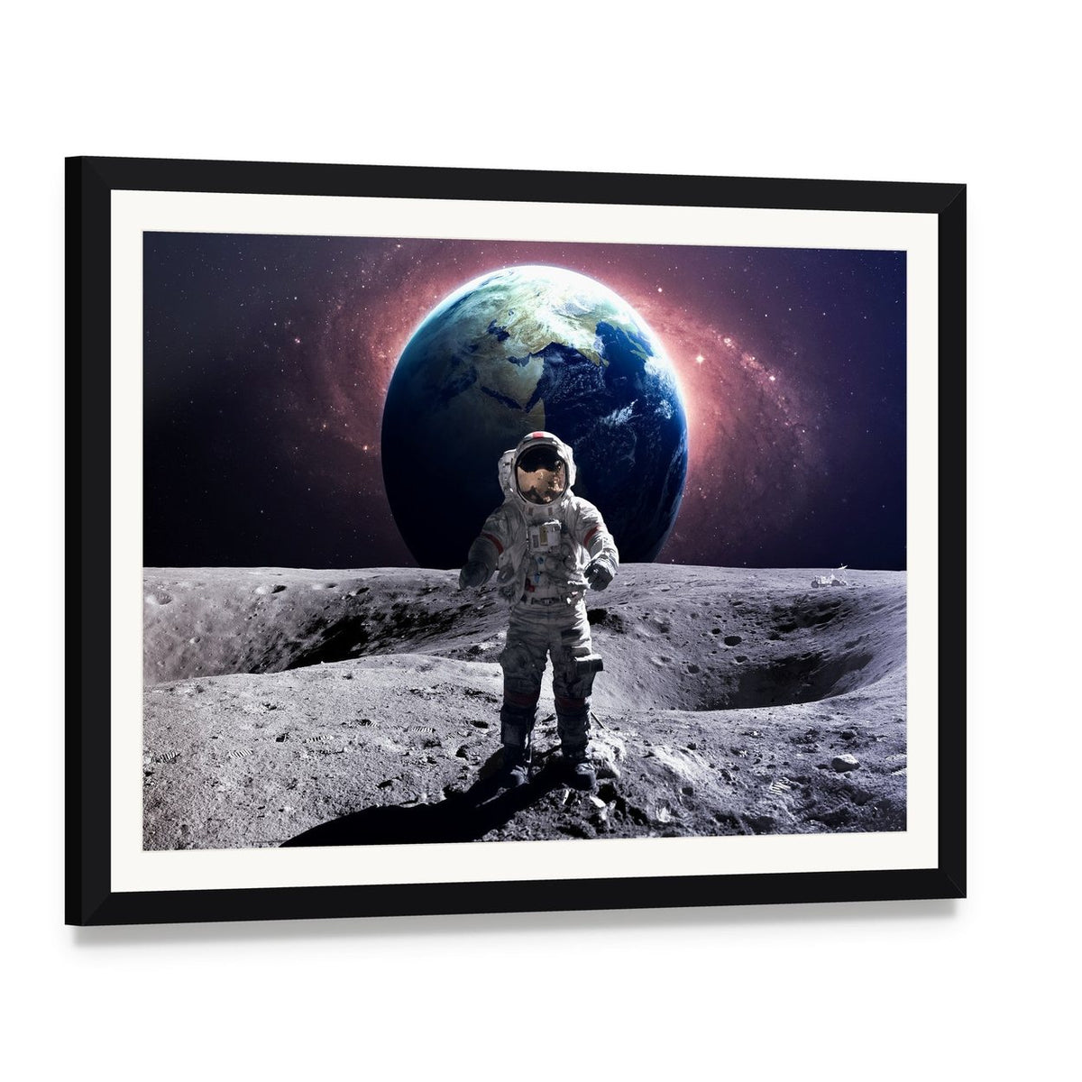 Astronaut Spacewalk Canvas Wall Art, framed print with white mat and black frame, angled product view