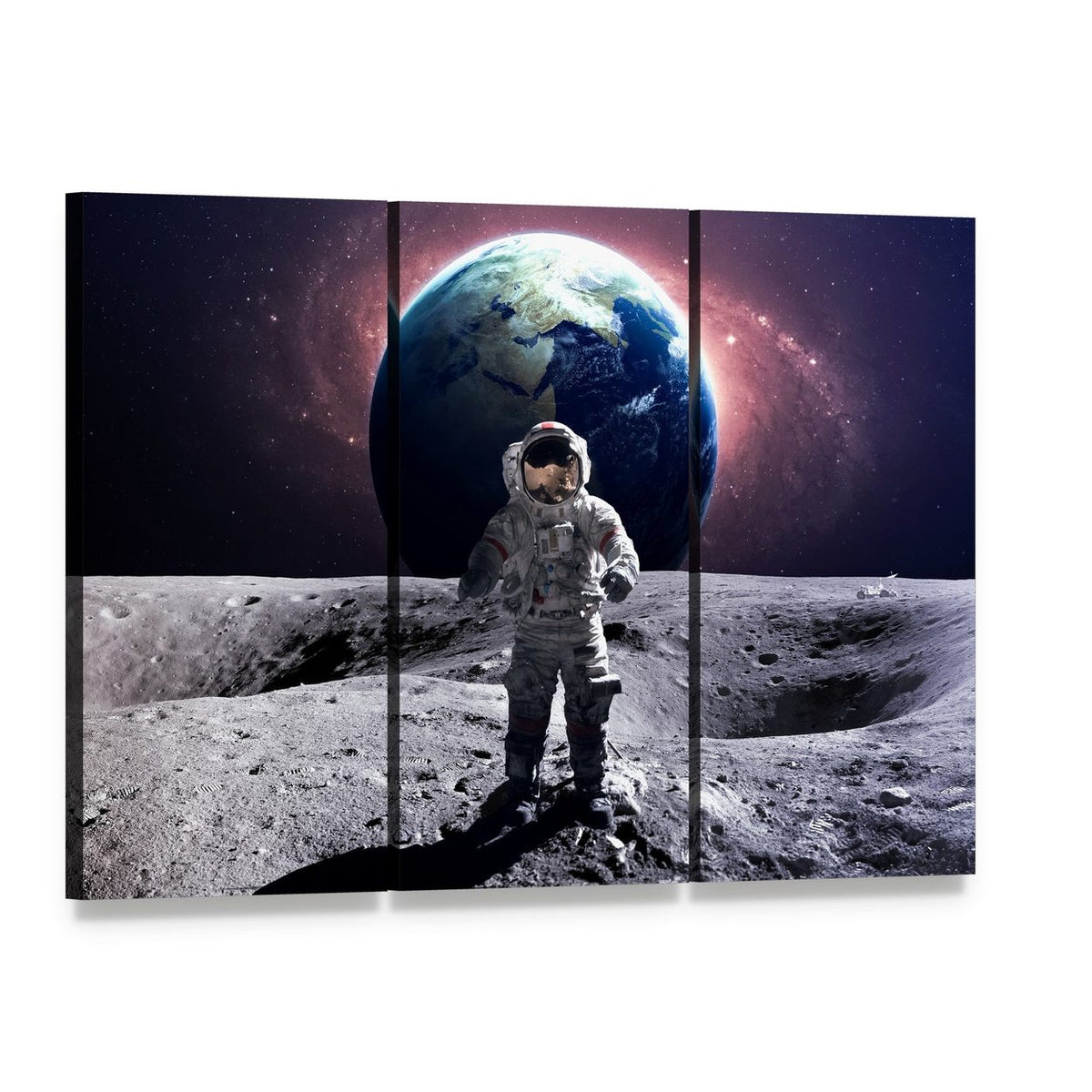 Astronaut Spacewalk Canvas Wall Art, 3 panel 3 Horizontal layout gallery wrapped canvas set, angled product view