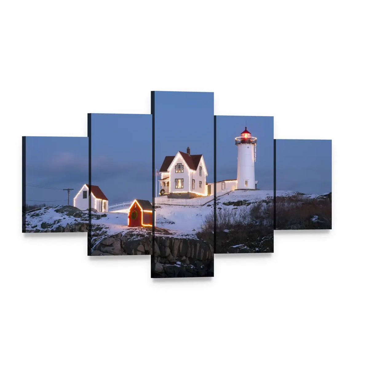 Nubble Lighthouse at Winter Dusk Canvas Wall Art, 5 panel 5 Star layout gallery wrapped canvas set, angled product view