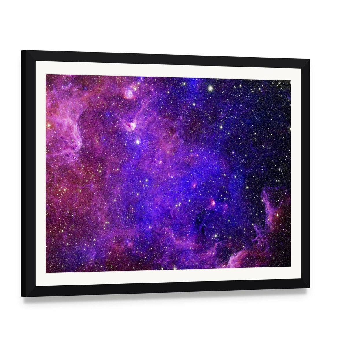 Colorful Carina Nebula Canvas Wall Art, framed print with white mat and black frame, angled product view
