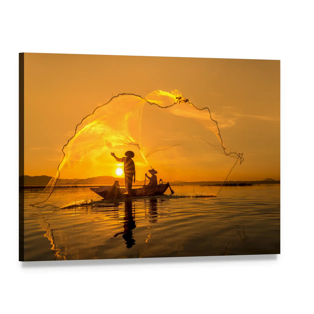 Fishermen Casting Net at Sunset Canvas Wall Art, single panel gallery wrapped canvas, angled product view