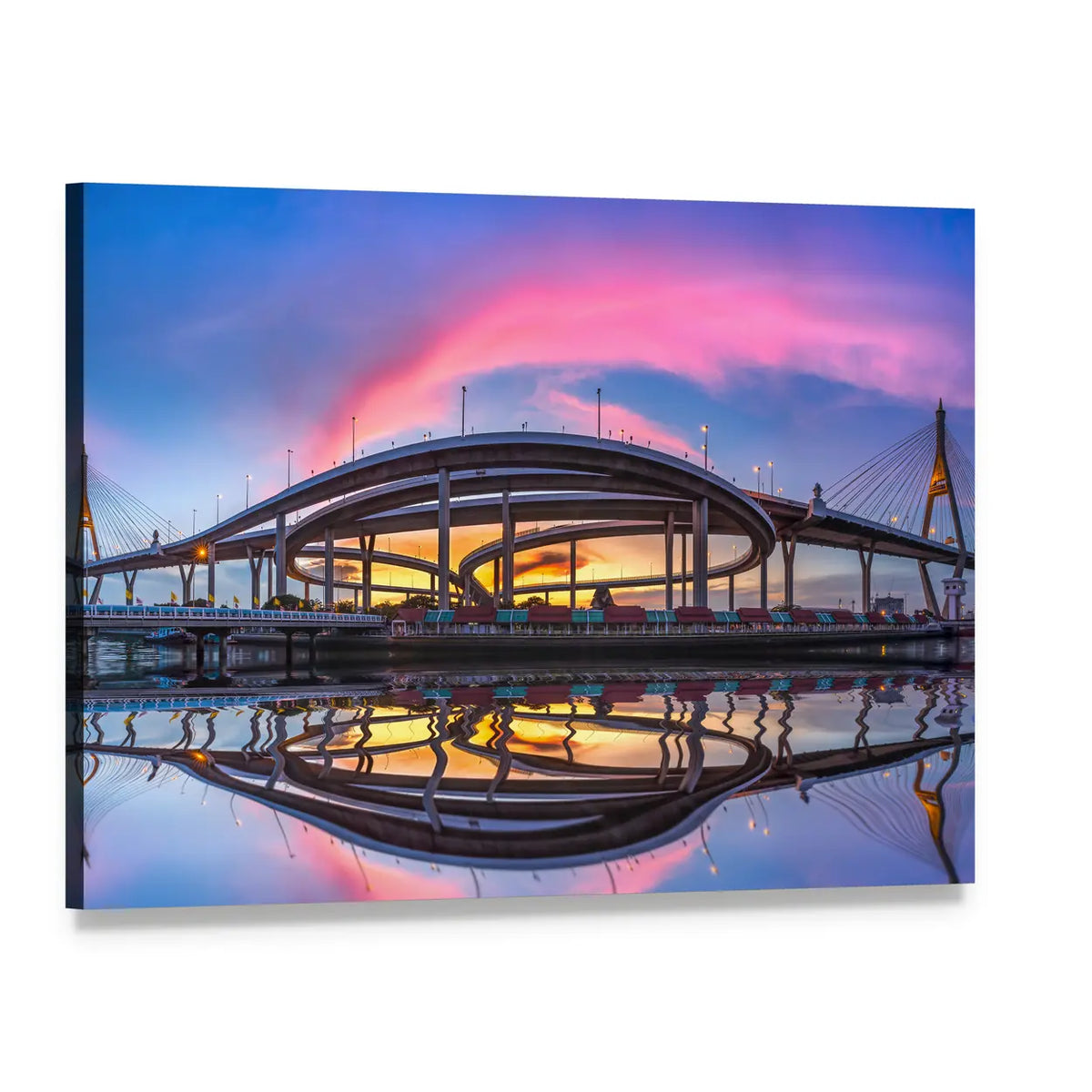 Modern Bridge at Twilight Canvas Wall Art, single panel gallery wrapped canvas, angled product view