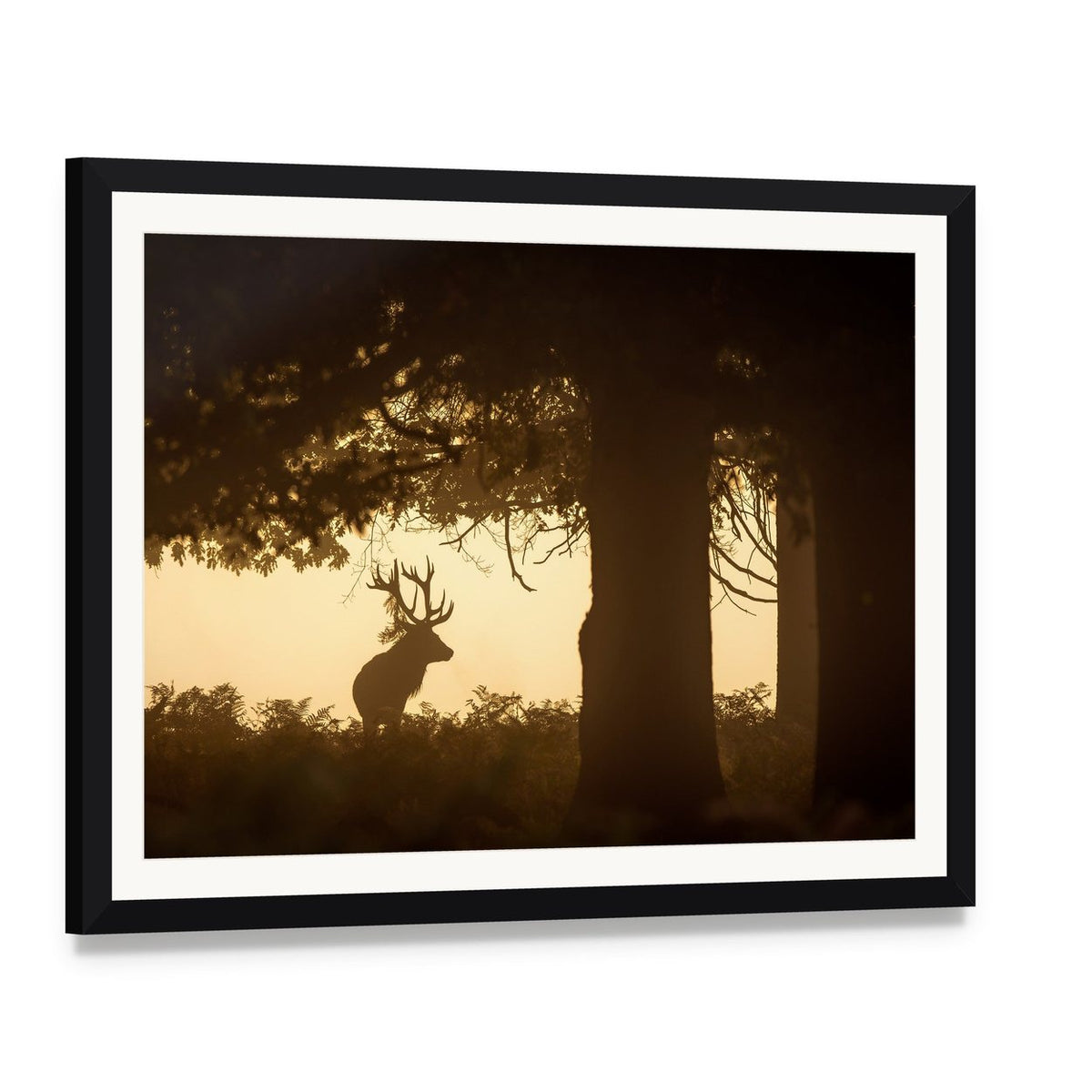 Deer Stag Silhouette Canvas Wall Art, framed print with white mat and black frame, angled product view