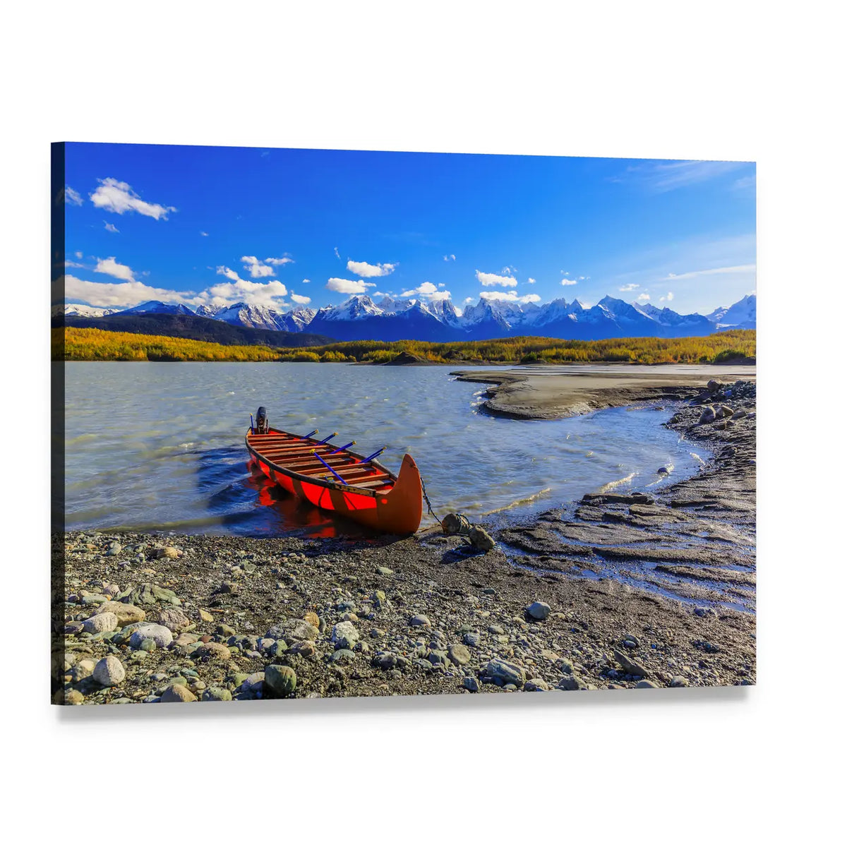 Orange Canoe on Glacial Lake Canvas Wall Art, single panel gallery wrapped canvas, angled product view