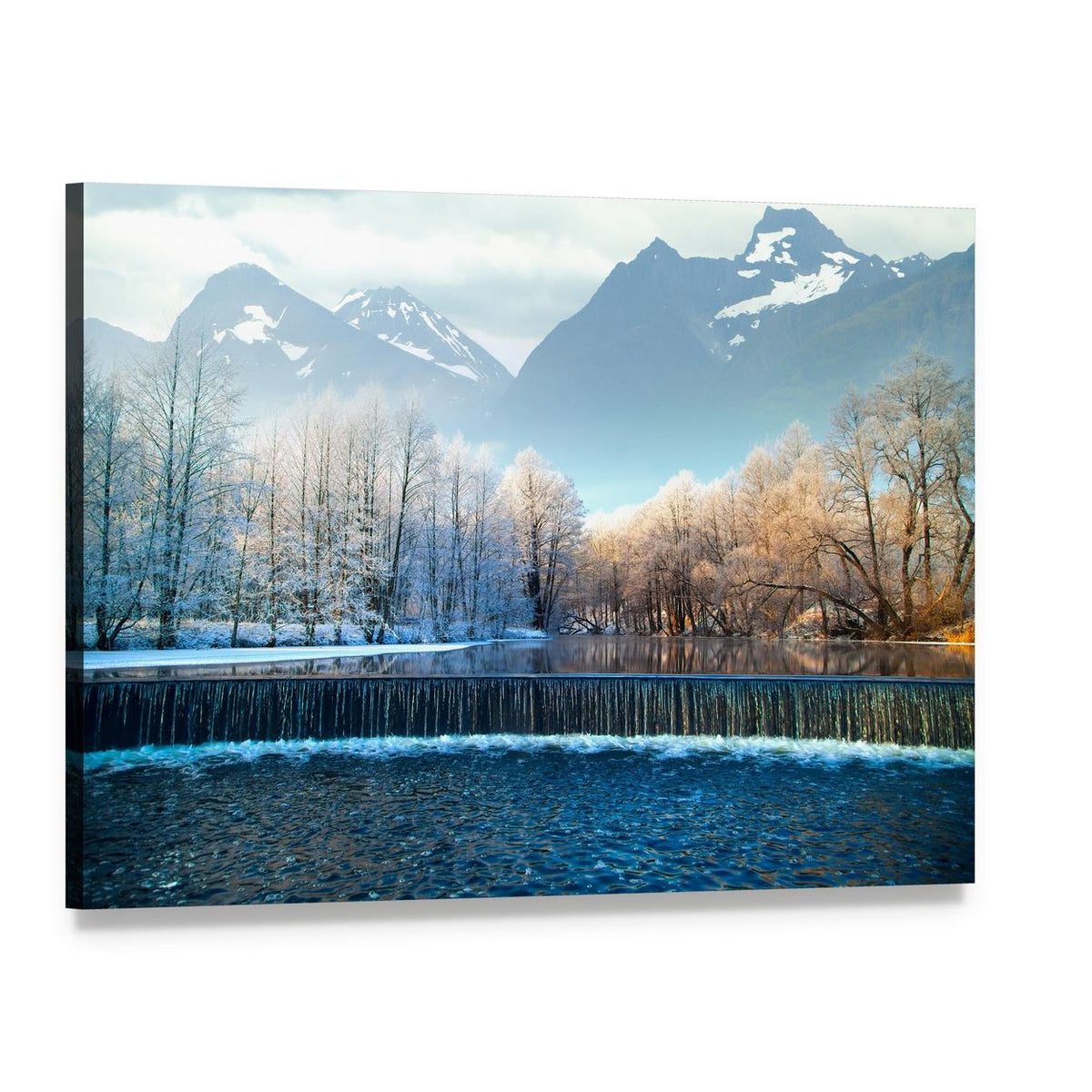 Winter Mountains and Waterfall in Norway Canvas Wall Art, single panel gallery wrapped canvas, angled product view