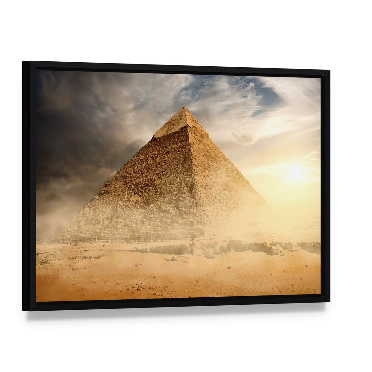 Pyramid Under Dusty Gray Clouds Canvas Wall Art, framed canvas in a black floater frame, angled product view