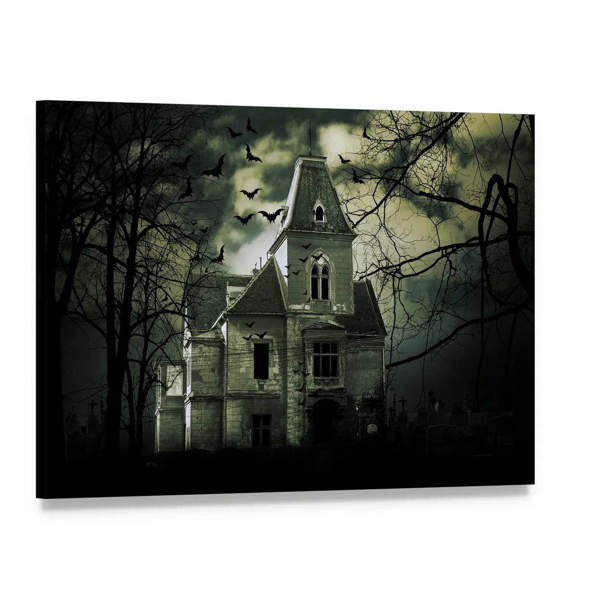 Gothic Haunted Mansion with Swarming Bats Canvas Wall Art, single panel gallery wrapped canvas, angled product view
