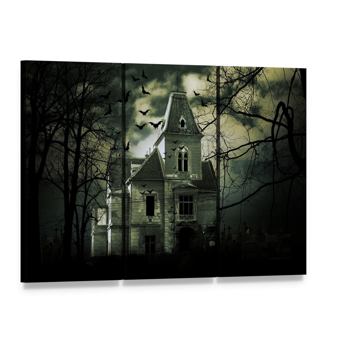 Stormy Haunted House with Bats Canvas Wall Art, 3 panel 3 Horizontal layout gallery wrapped canvas set, angled product view