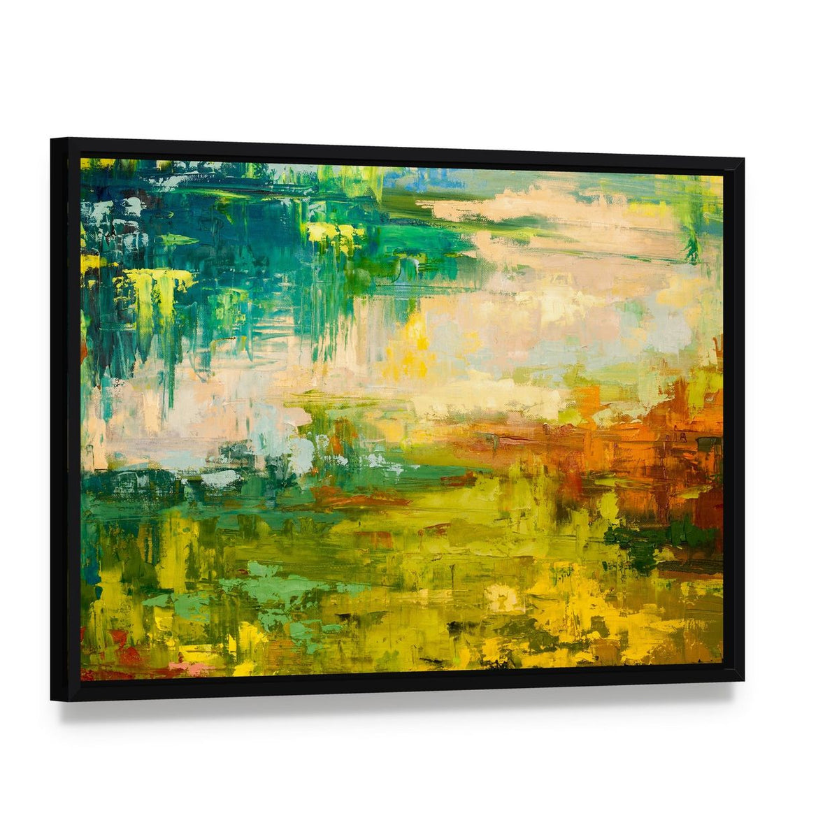 Colorful Hand Drawn Oil Painting Canvas Wall Art, framed canvas in a black floater frame, angled product view