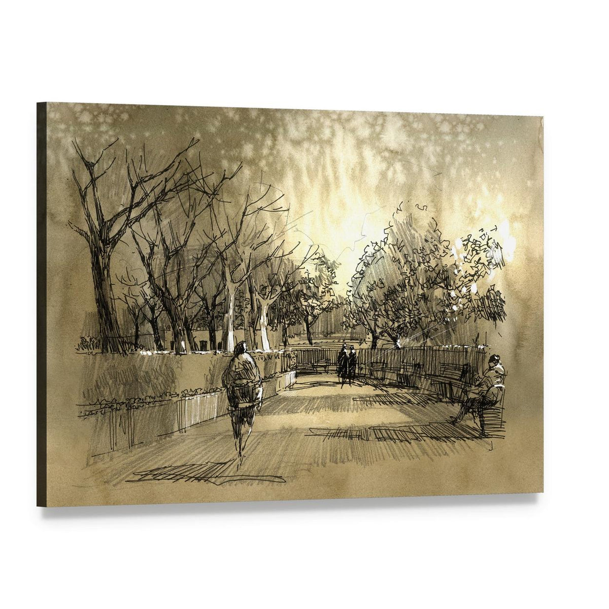 Sketch of City Park Walkway Canvas Wall Art, single panel gallery wrapped canvas, angled product view