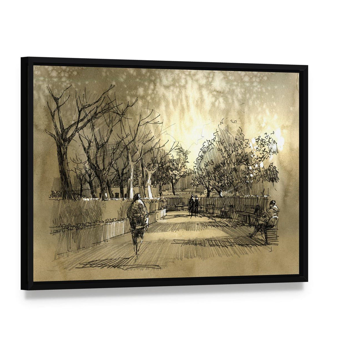 Sketch of City Park Walkway Canvas Wall Art, framed canvas in a black floater frame, angled product view