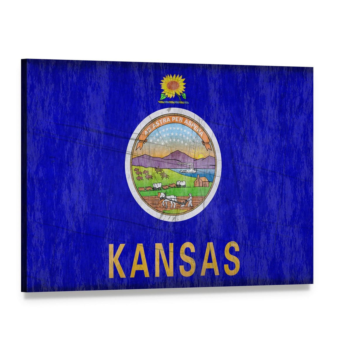 Vintage Kansas State Flag Canvas Wall Art, single panel gallery wrapped canvas, angled product view