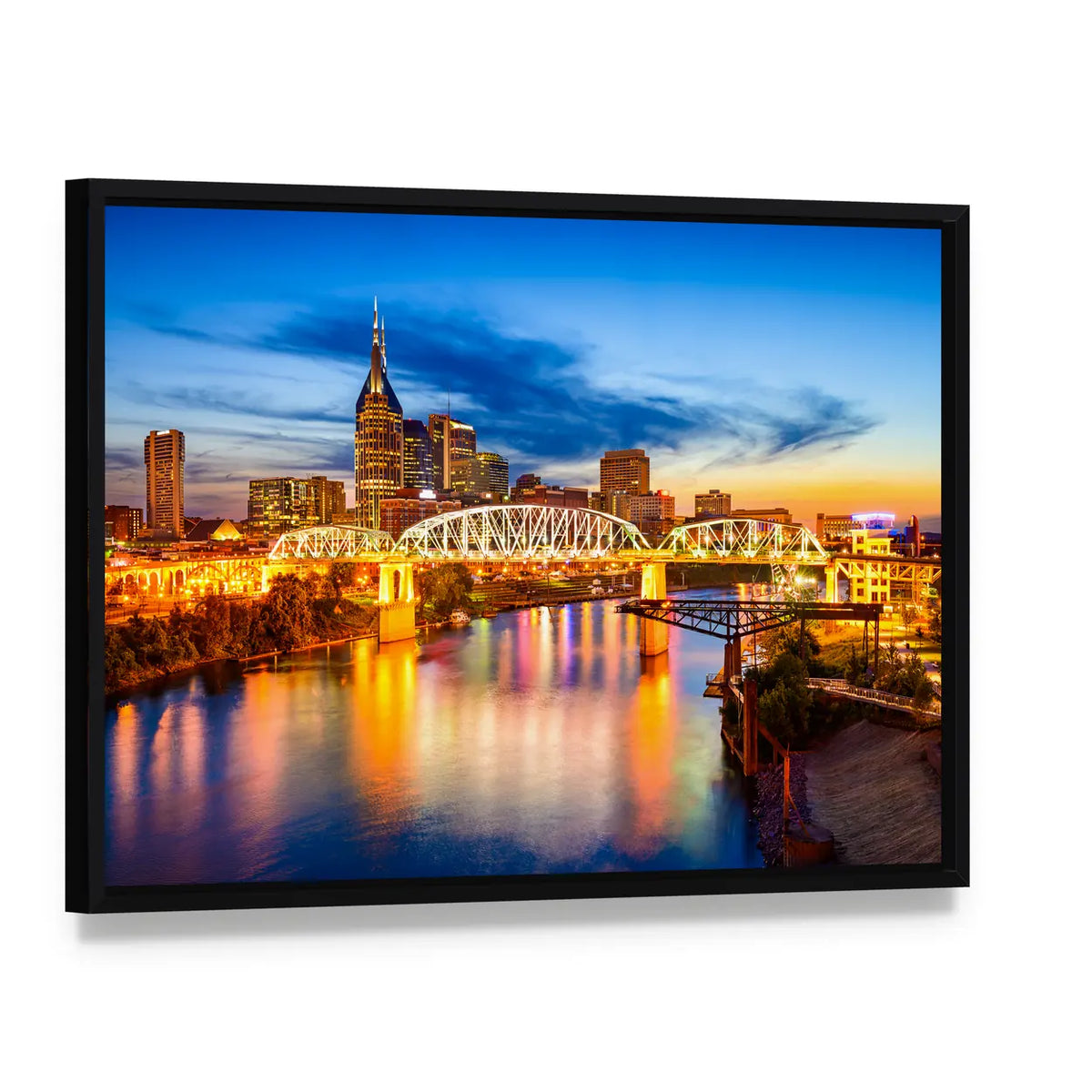 Nashville Skyline with Pedestrian Bridge at Dusk Canvas Wall Art, framed canvas in a black floater frame, angled product view