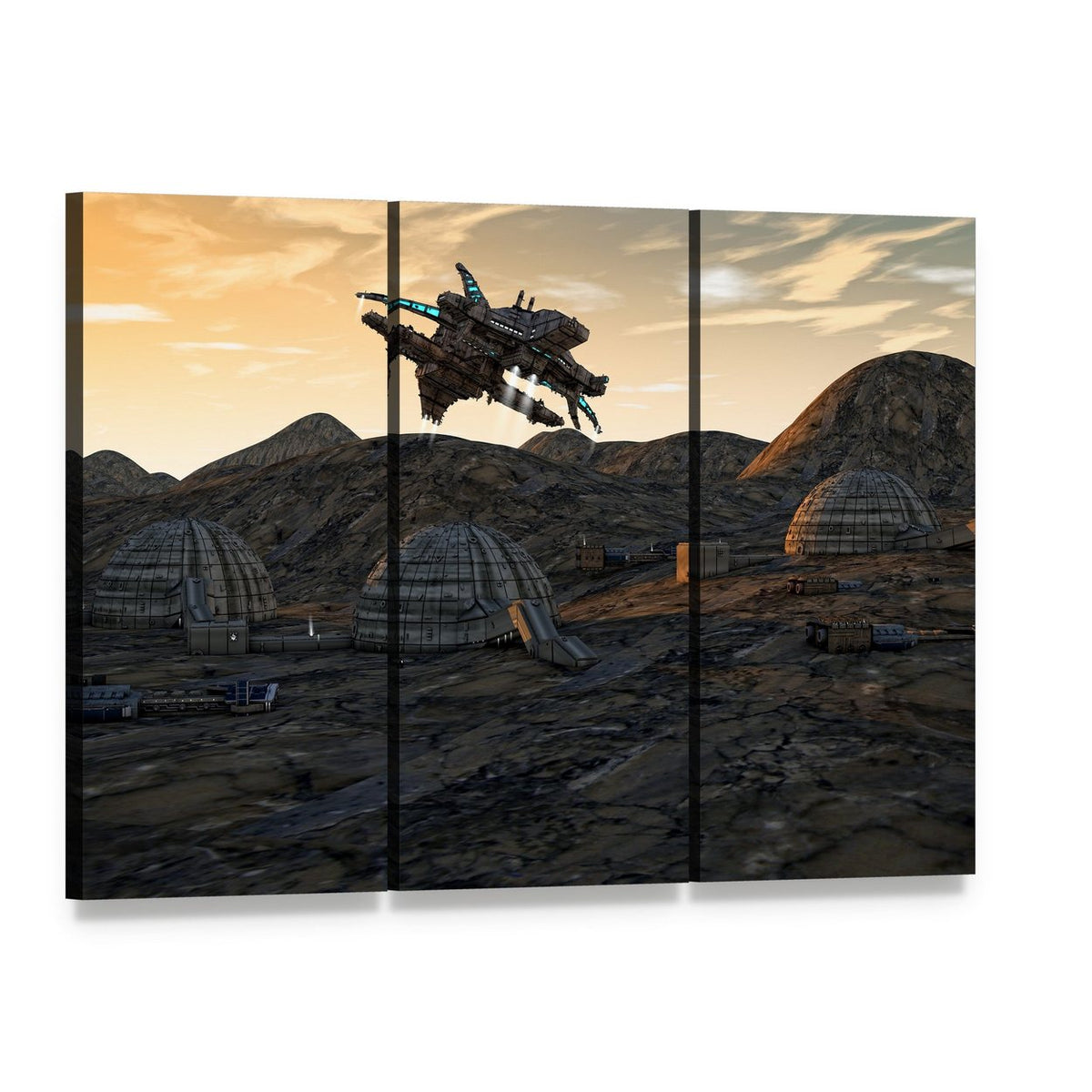 Spaceship Over Alien Village at Dawn Canvas Wall Art, 3 panel 3 Horizontal layout gallery wrapped canvas set, angled product view