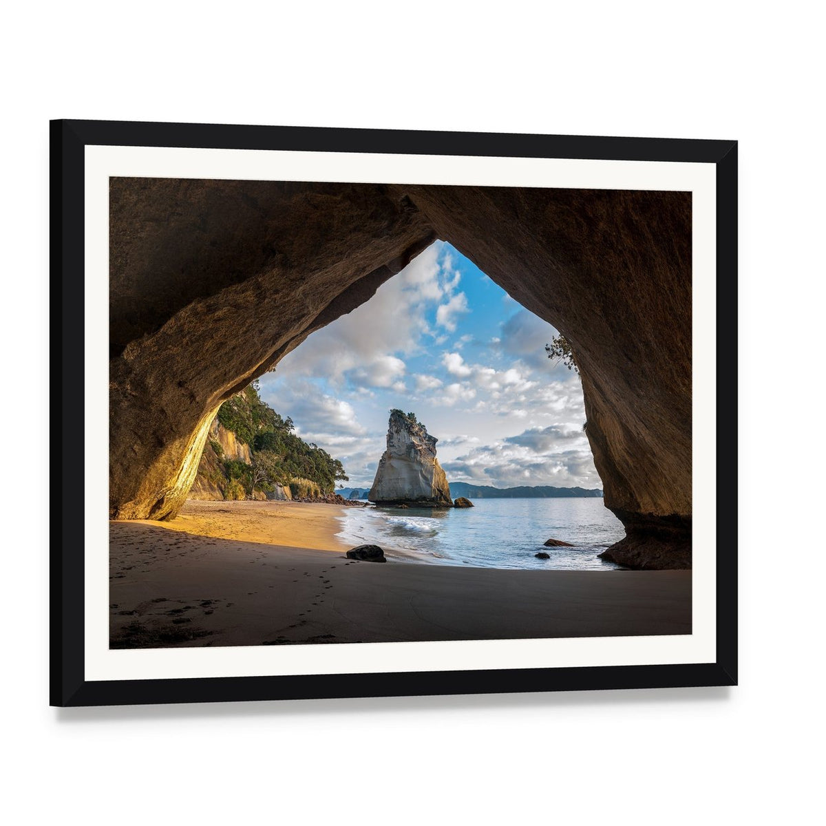 Cathedral Cave at Sunrise Canvas Wall Art, framed print with white mat and black frame, angled product view