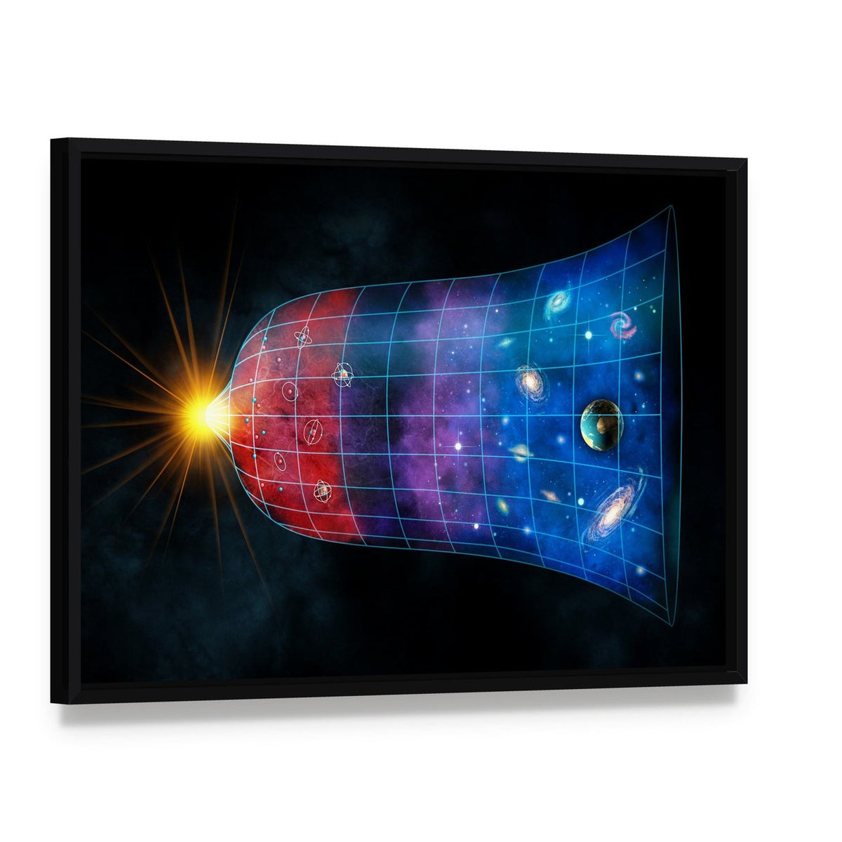 Cosmic Expansion with Galaxies and Planets Canvas Wall Art, framed canvas in a black floater frame, angled product view