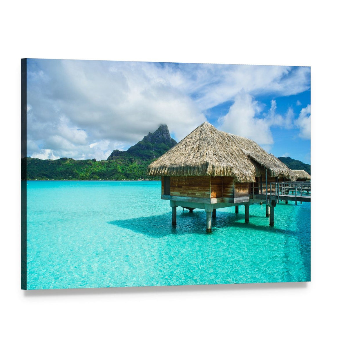 Thatched Roof Bungalow Over Turquoise Water Canvas Wall Art, single panel gallery wrapped canvas, angled product view