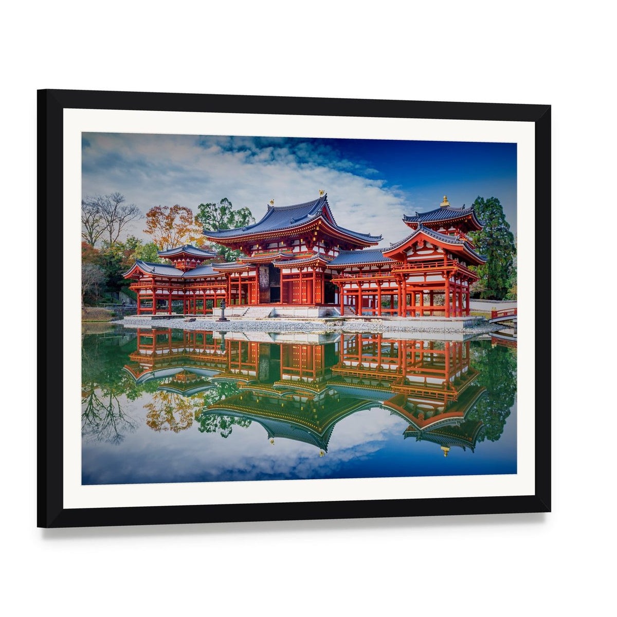 Byodo-in Temple Reflection Canvas Wall Art, framed print with white mat and black frame, angled product view