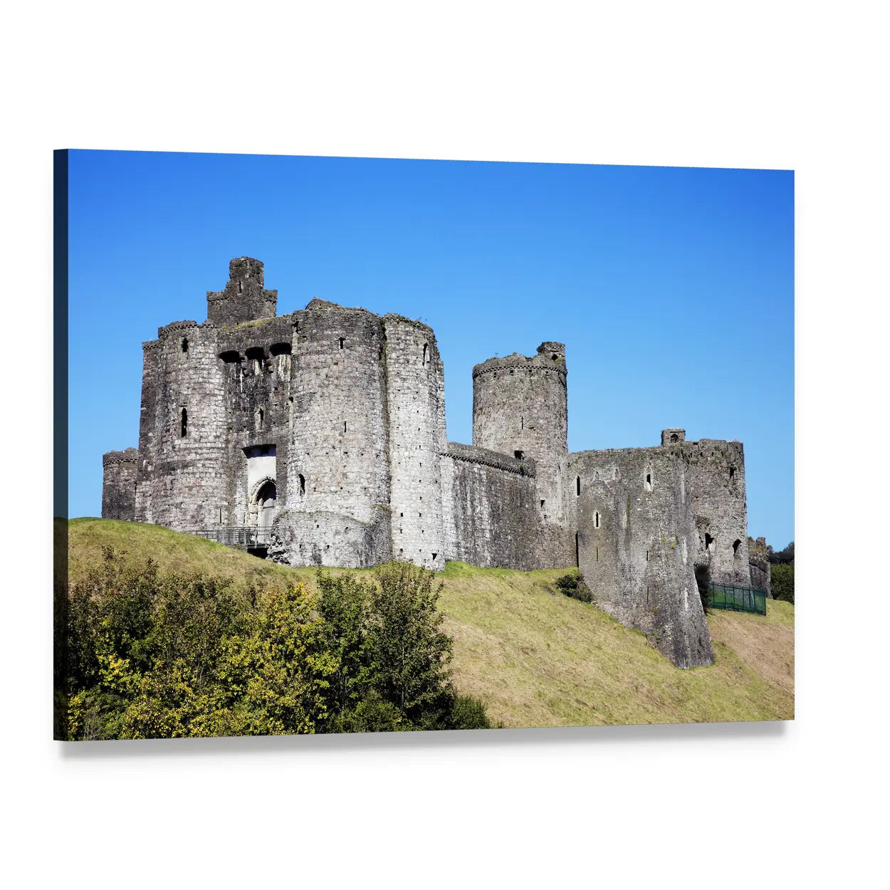 Kidwelly Castle Ruins on Hillside Canvas Wall Art, single panel gallery wrapped canvas, angled product view