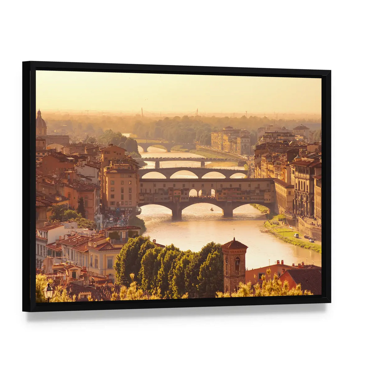 View To Bridge Ponte Vecchio In Florence Italy Canvas Wall Art, framed canvas in a black floater frame, angled product view