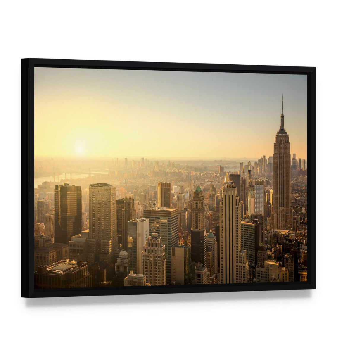 New York City Skyline Canvas Wall Art, framed canvas in a black floater frame, angled product view