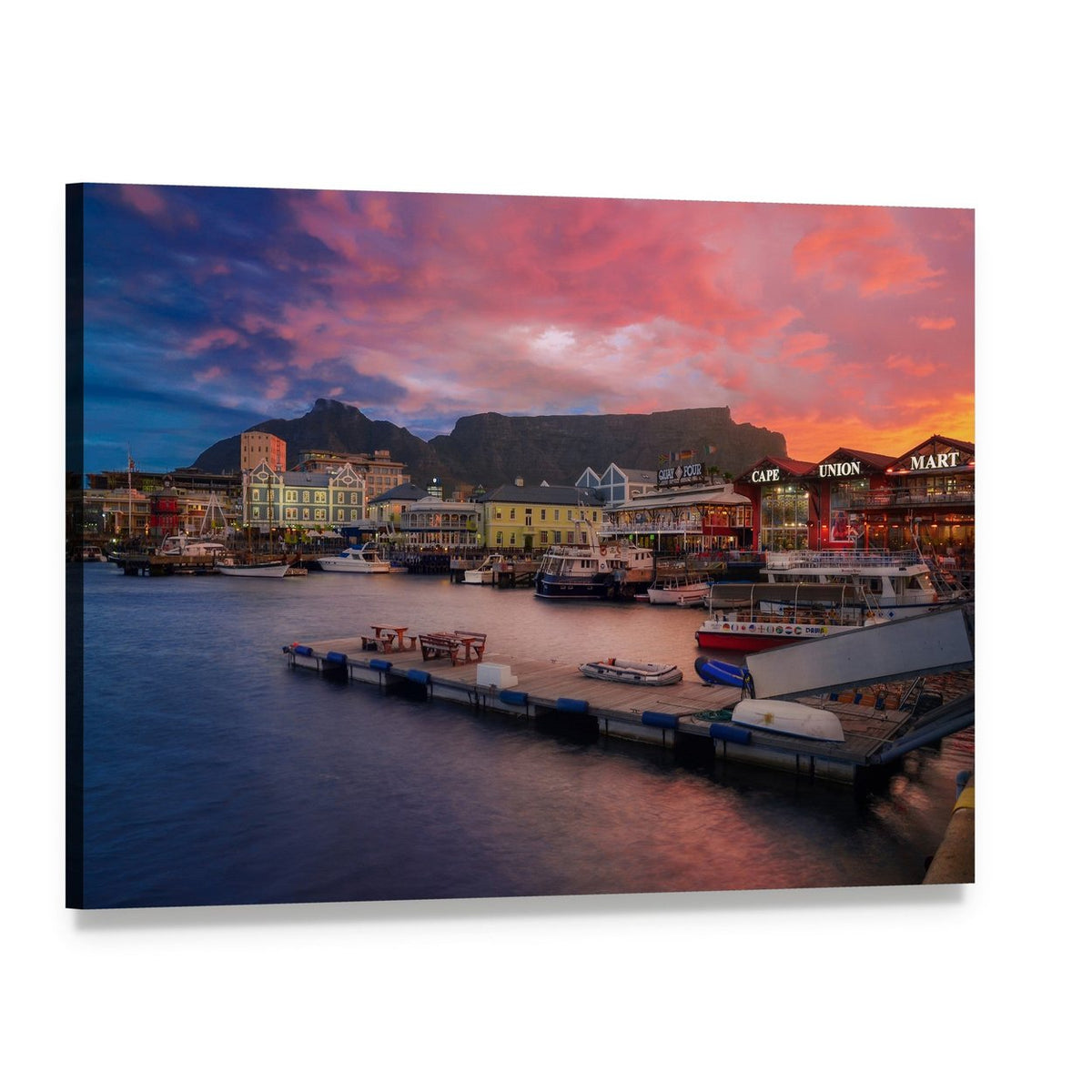 Harbor Sunset Over Table Mountain Canvas Wall Art, single panel gallery wrapped canvas, angled product view