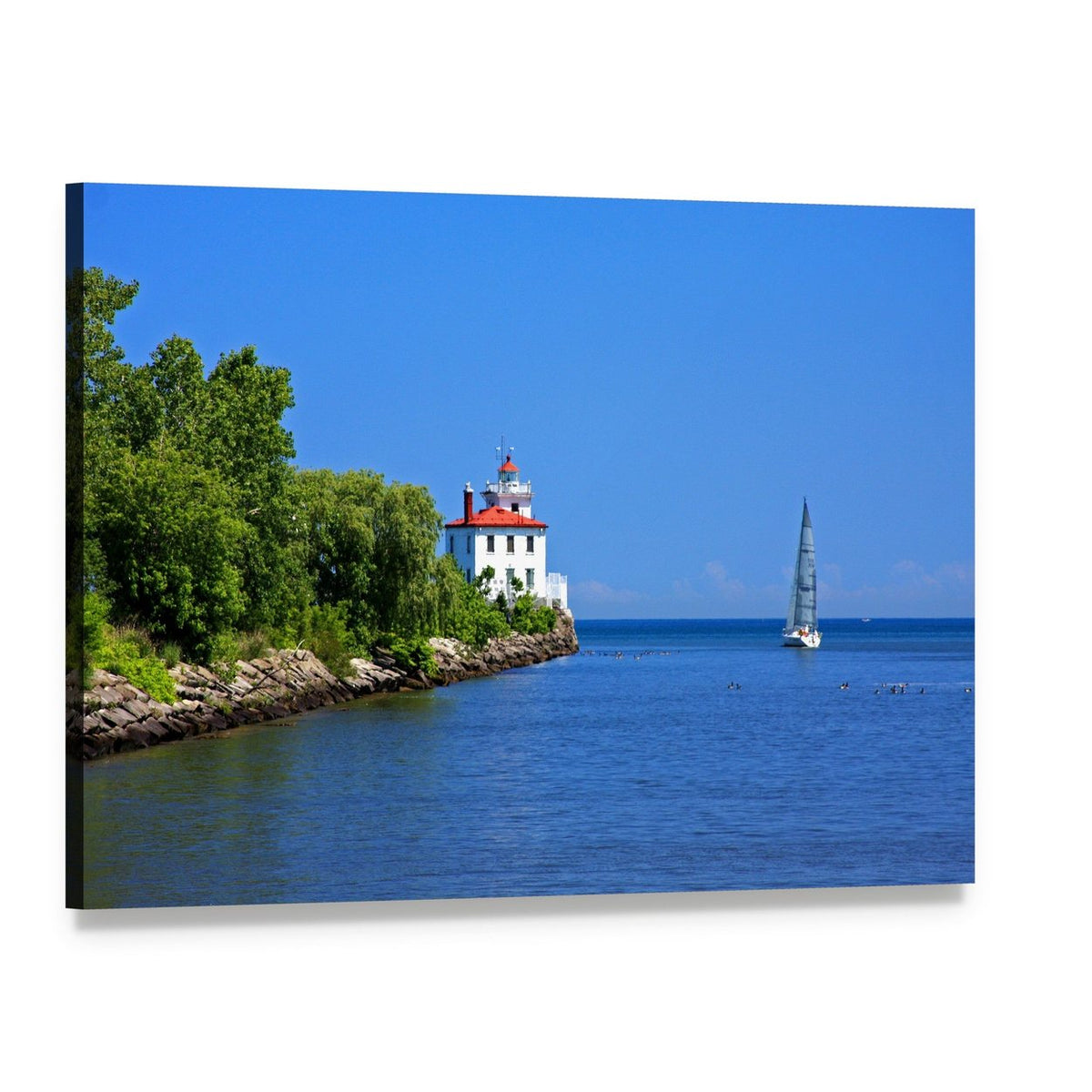 Sailboat by Lake Erie Lighthouse Canvas Wall Art, single panel gallery wrapped canvas, angled product view