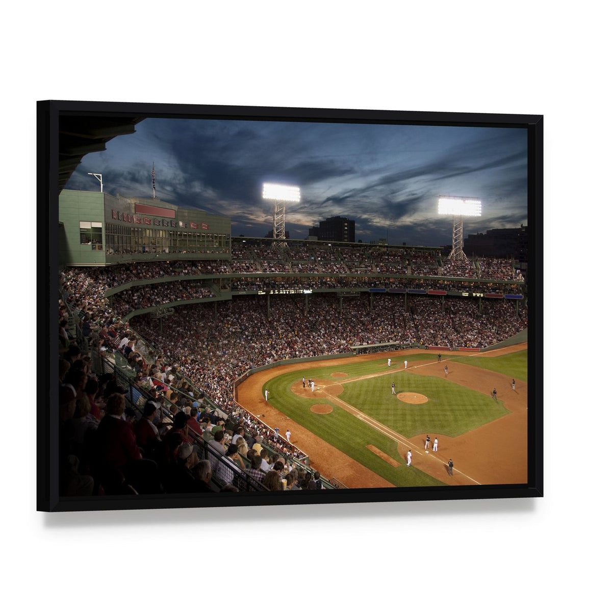 Baseball Match at Night Canvas Wall Art, framed canvas in a black floater frame, angled product view
