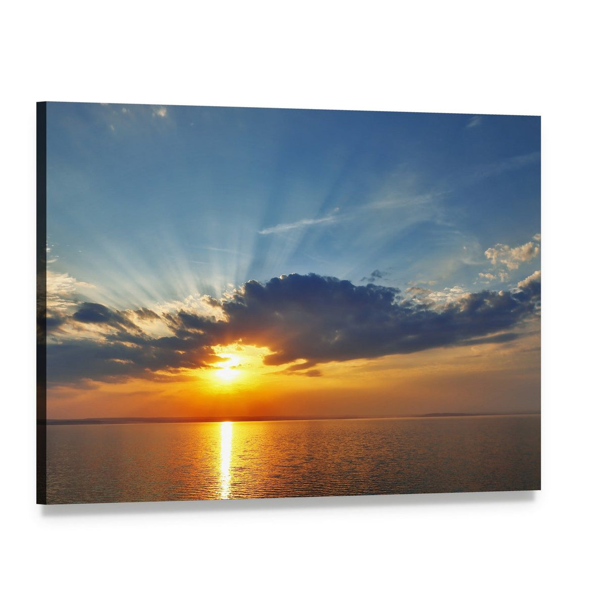 Sunset Over Ocean with Sunbeams Canvas Wall Art, single panel gallery wrapped canvas, angled product view