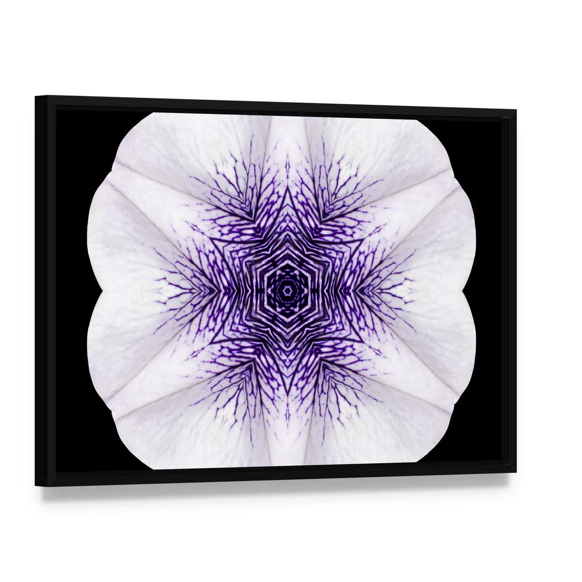 White Flower Mandala Canvas Wall Art, framed canvas in a black floater frame, angled product view