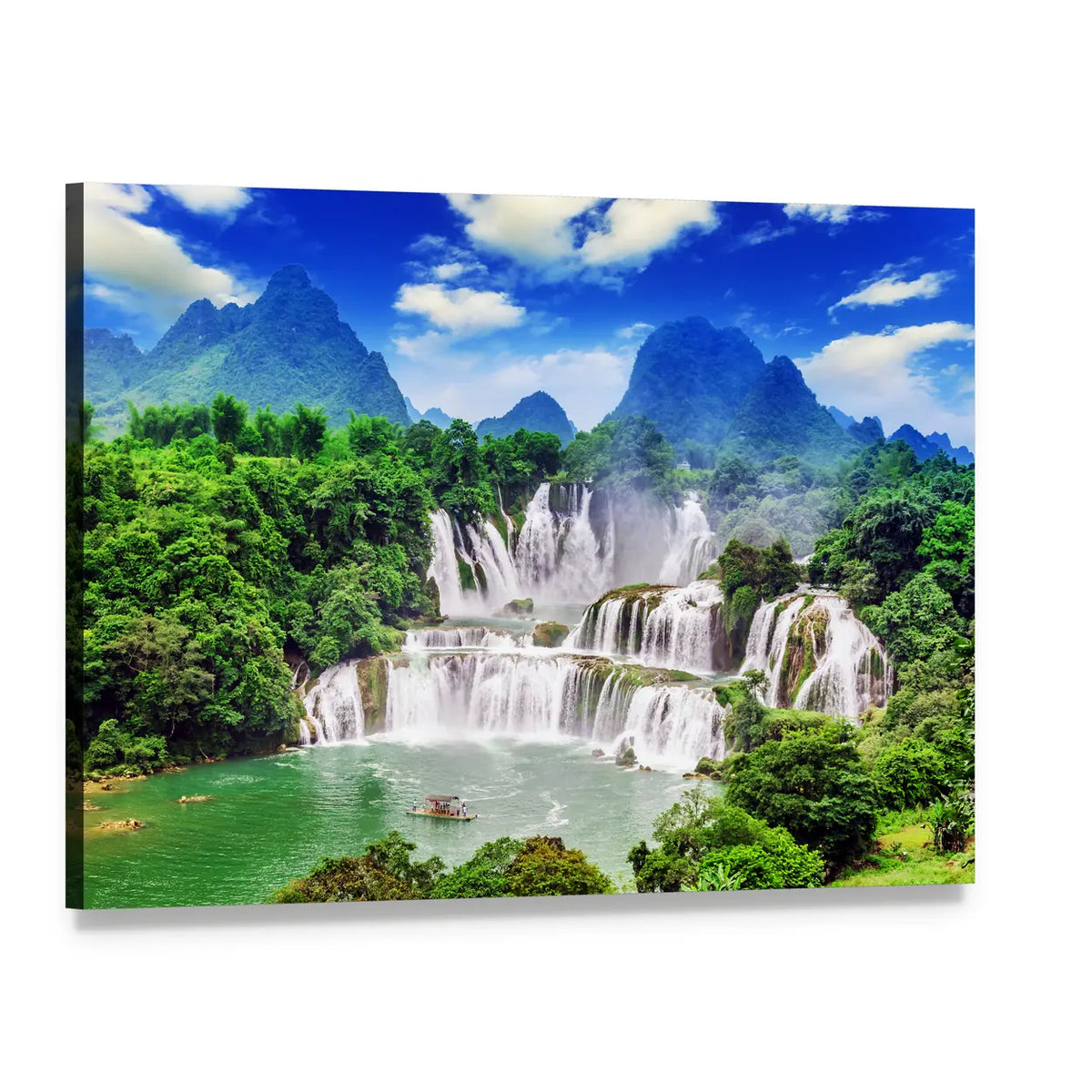 Tiered Waterfall in Lush Green Forest Canvas Wall Art, single panel gallery wrapped canvas, angled product view