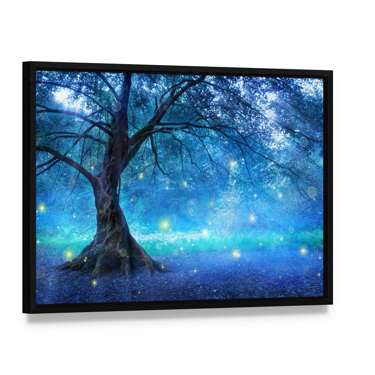 Enchanted Fairy Tree with Glowing Lights Canvas Wall Art, framed canvas in a black floater frame, angled product view