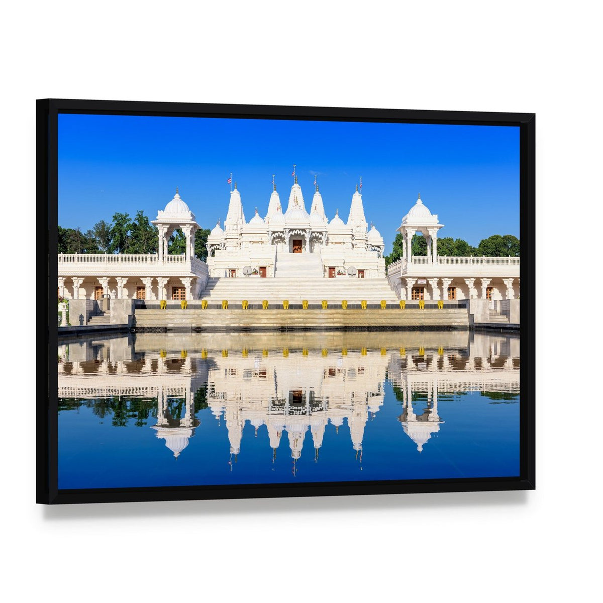 Hindu Temple Reflection in Atlanta Canvas Wall Art, framed canvas in a black floater frame, angled product view