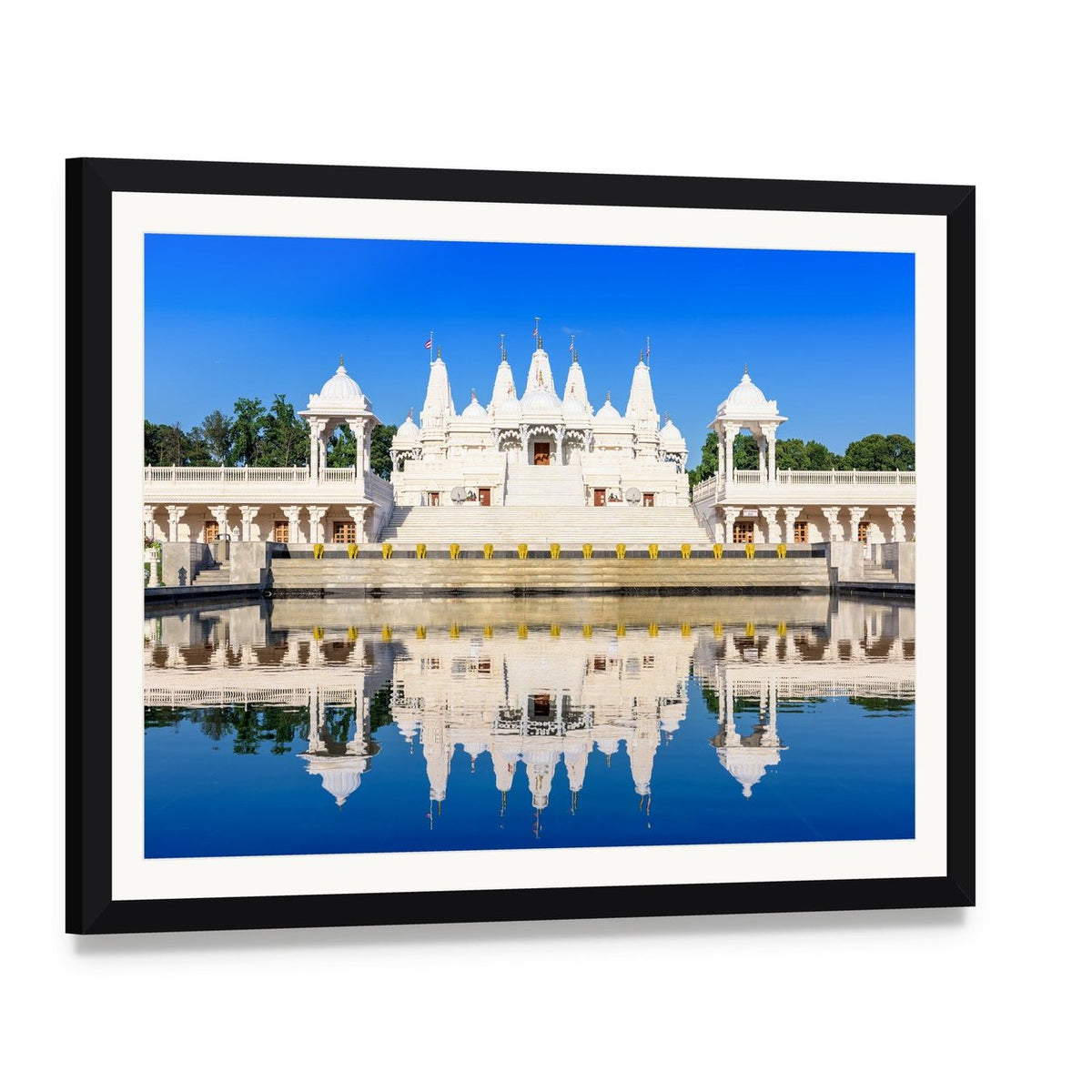 Hindu Temple Reflection in Atlanta Canvas Wall Art, framed print with white mat and black frame, angled product view