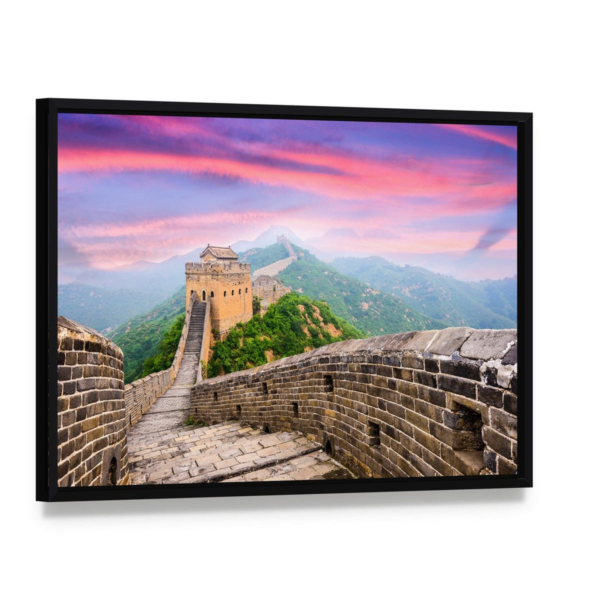Great Wall of China Under Clouds Canvas Wall Art, framed canvas in a black floater frame, angled product view