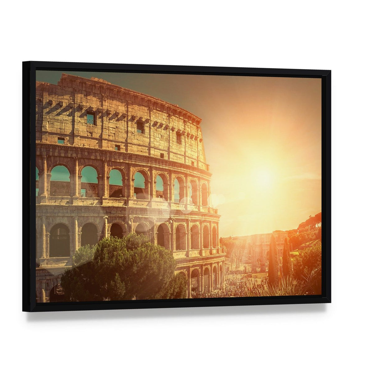 Colosseum in Warm Sunset Canvas Wall Art, framed canvas in a black floater frame, angled product view