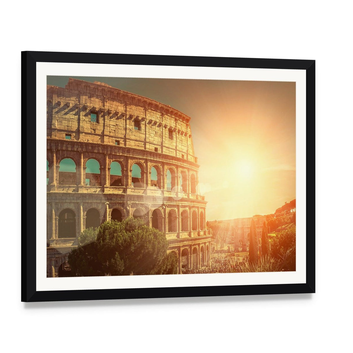 Colosseum in Warm Sunset Canvas Wall Art, framed print with white mat and black frame, angled product view
