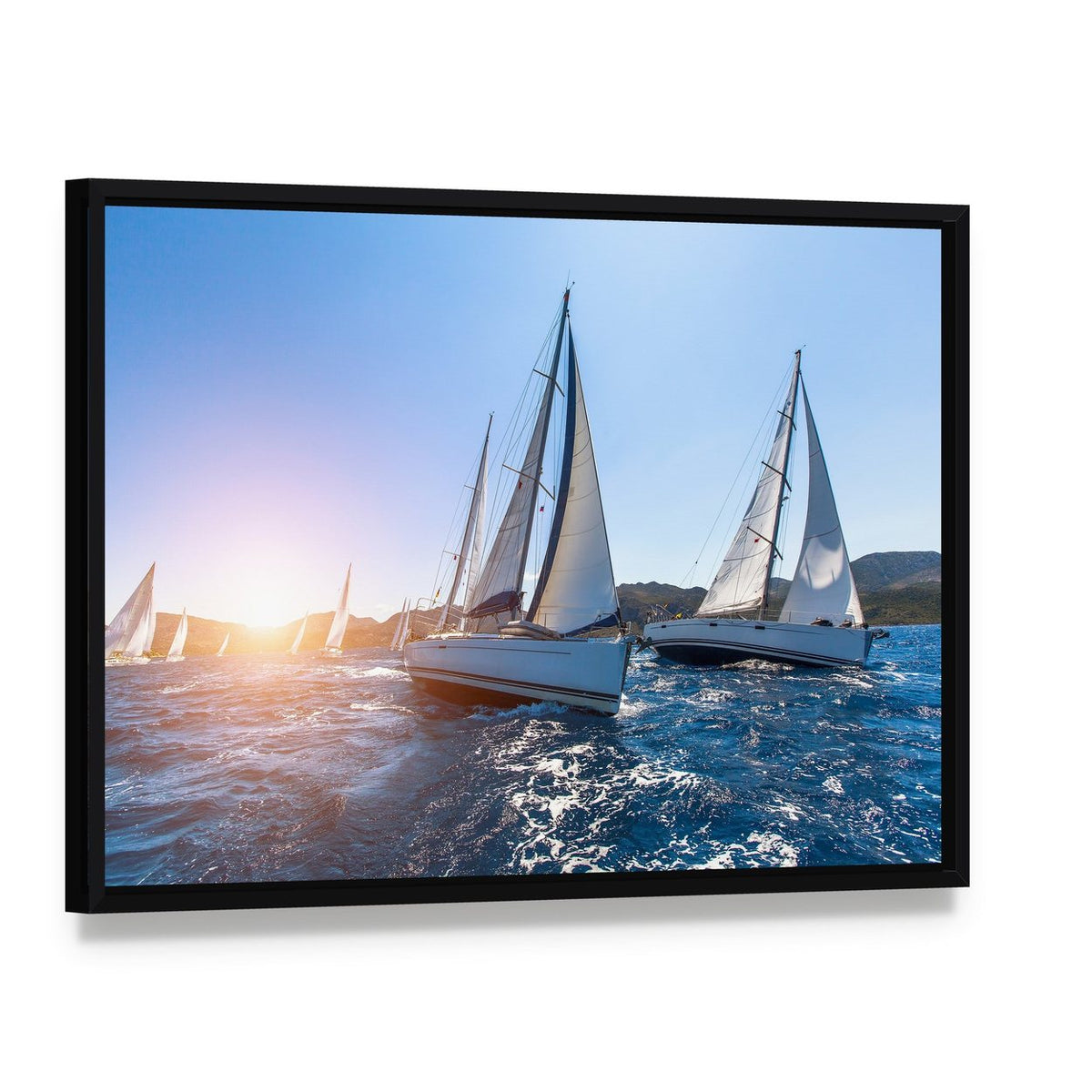 Sailing in the Wind Through the Waves Canvas Wall Art, framed canvas in a black floater frame, angled product view