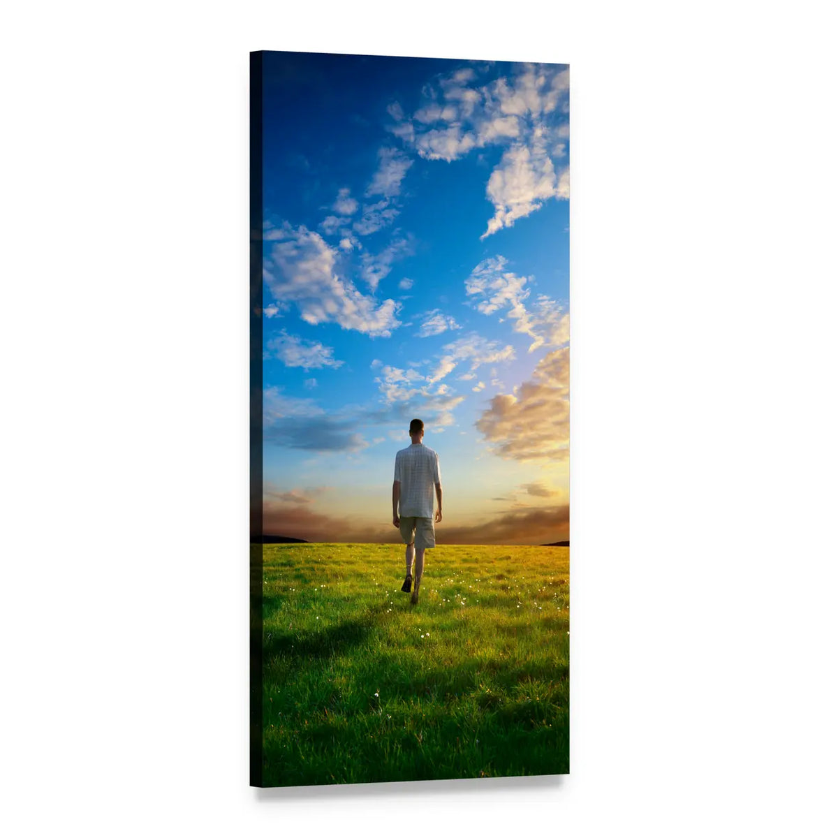 Man in Spring Meadow at Sunset Vertical Canvas Wall Art, 1 panel 1 Vertical layout gallery wrapped canvas set, angled product view