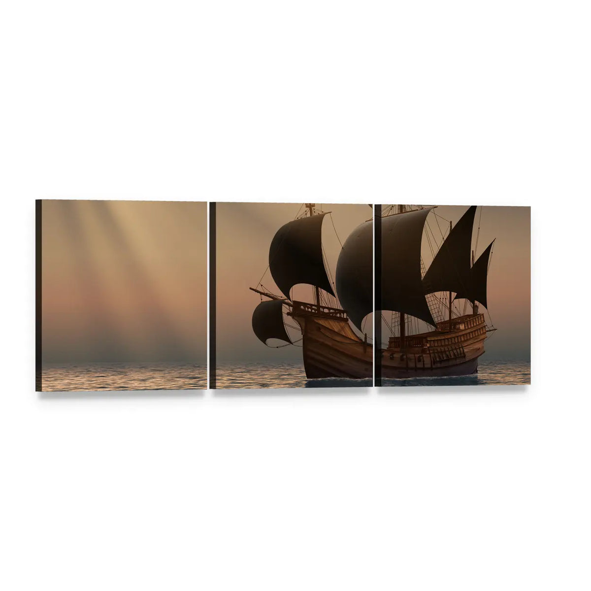 Three-masted Pirate Galleon at Sunset Panoramic Canvas Wall Art, 3 panel 3 Piece layout gallery wrapped canvas set, angled product view