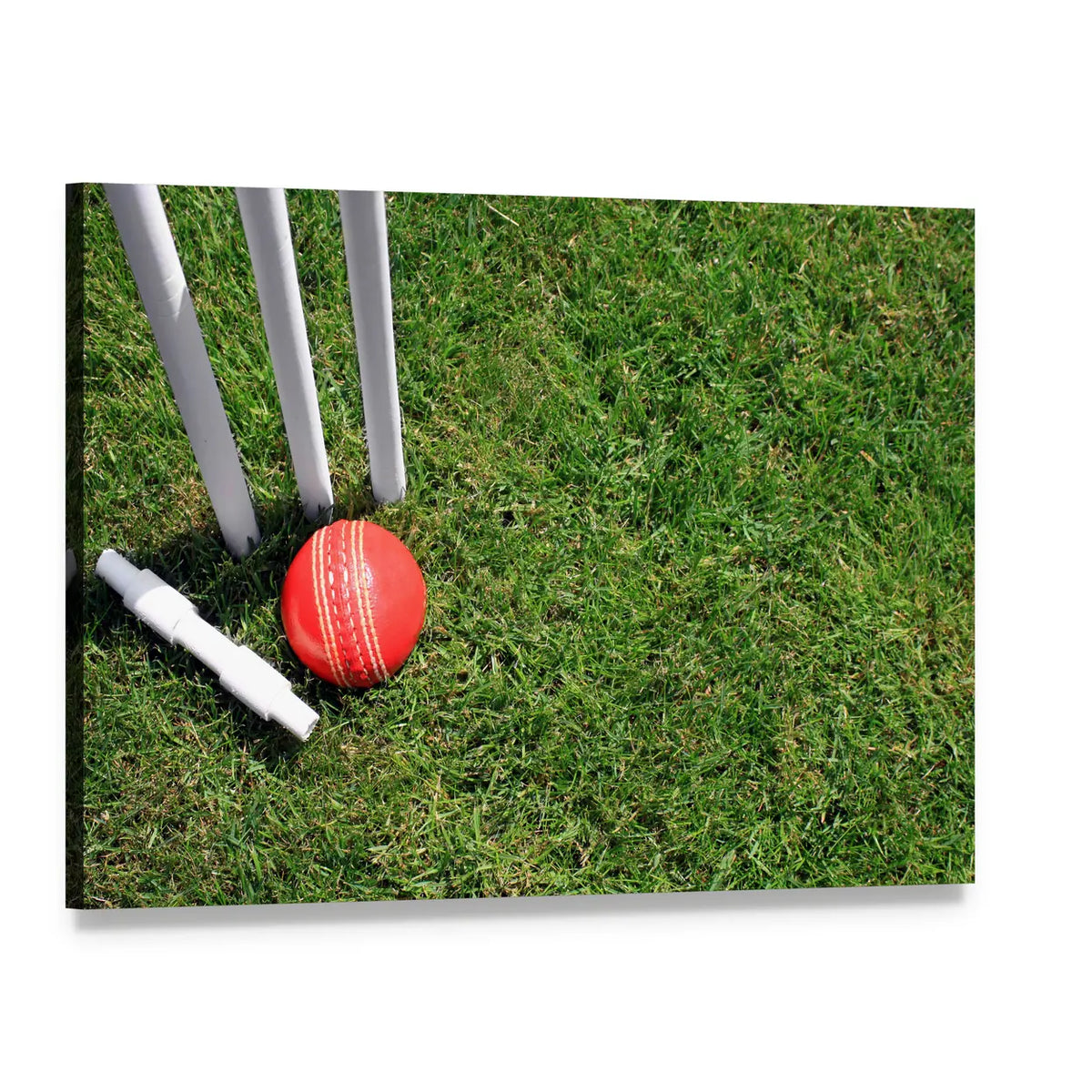 Red Cricket Ball and Stumps on Grass Canvas Wall Art, single panel gallery wrapped canvas, angled product view
